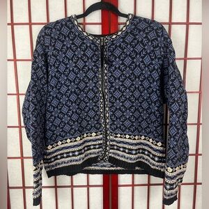 Vintage Nomadic Traders Cotton Geometric Pattern Full zip Cardigan Blue Sweater